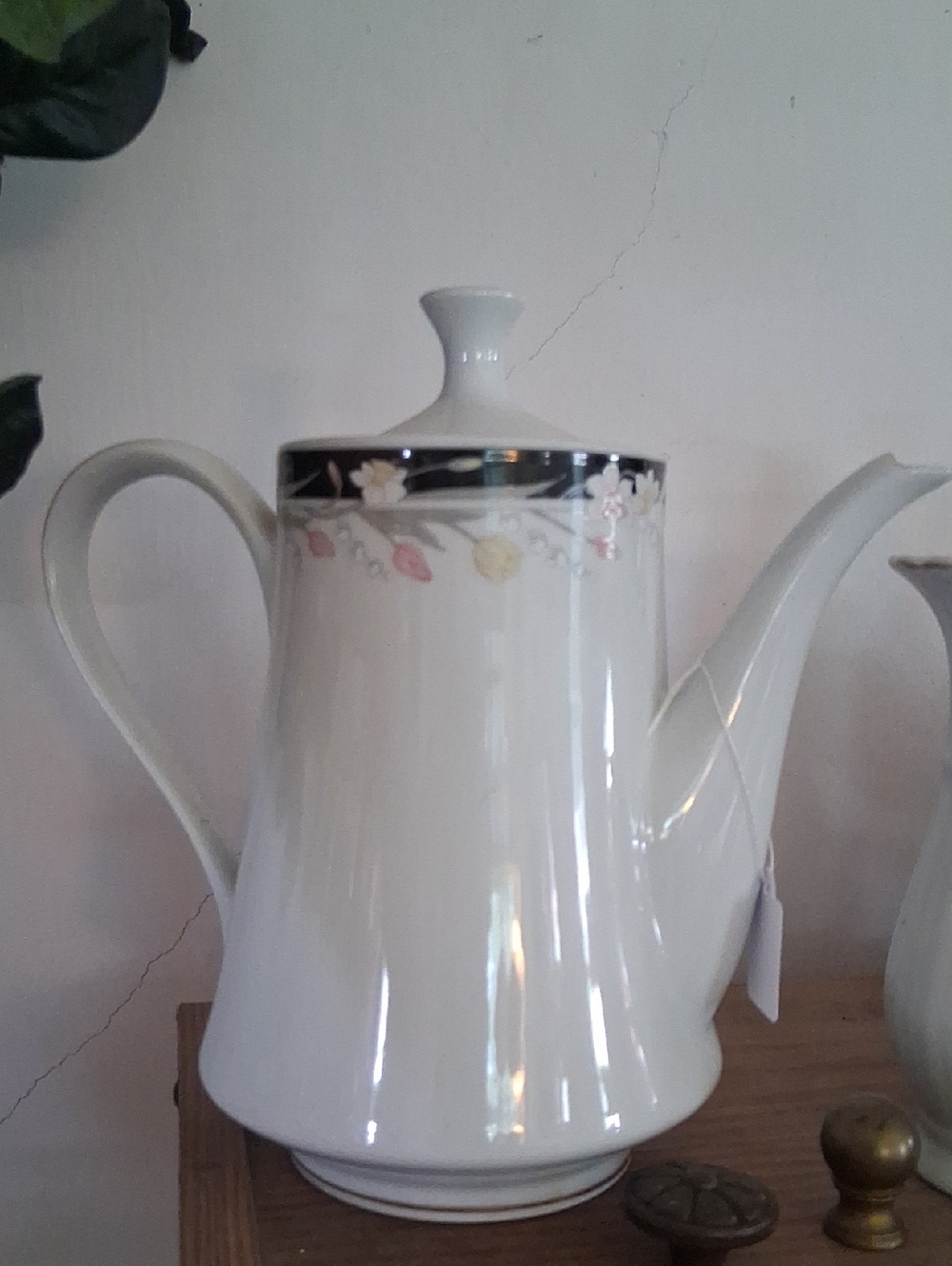 White Porcelain Coffee Pot with Floral Trim